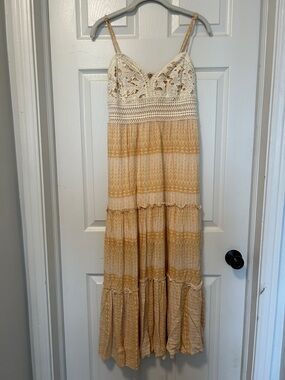 Timing Cream and Mustard Crochet-Top Maxi Dress